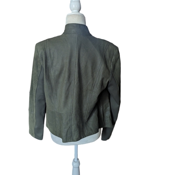 Leather Suede Open Front Waterfall Textured Olive Green Jacket Sz 14 - Picture 5 of 11